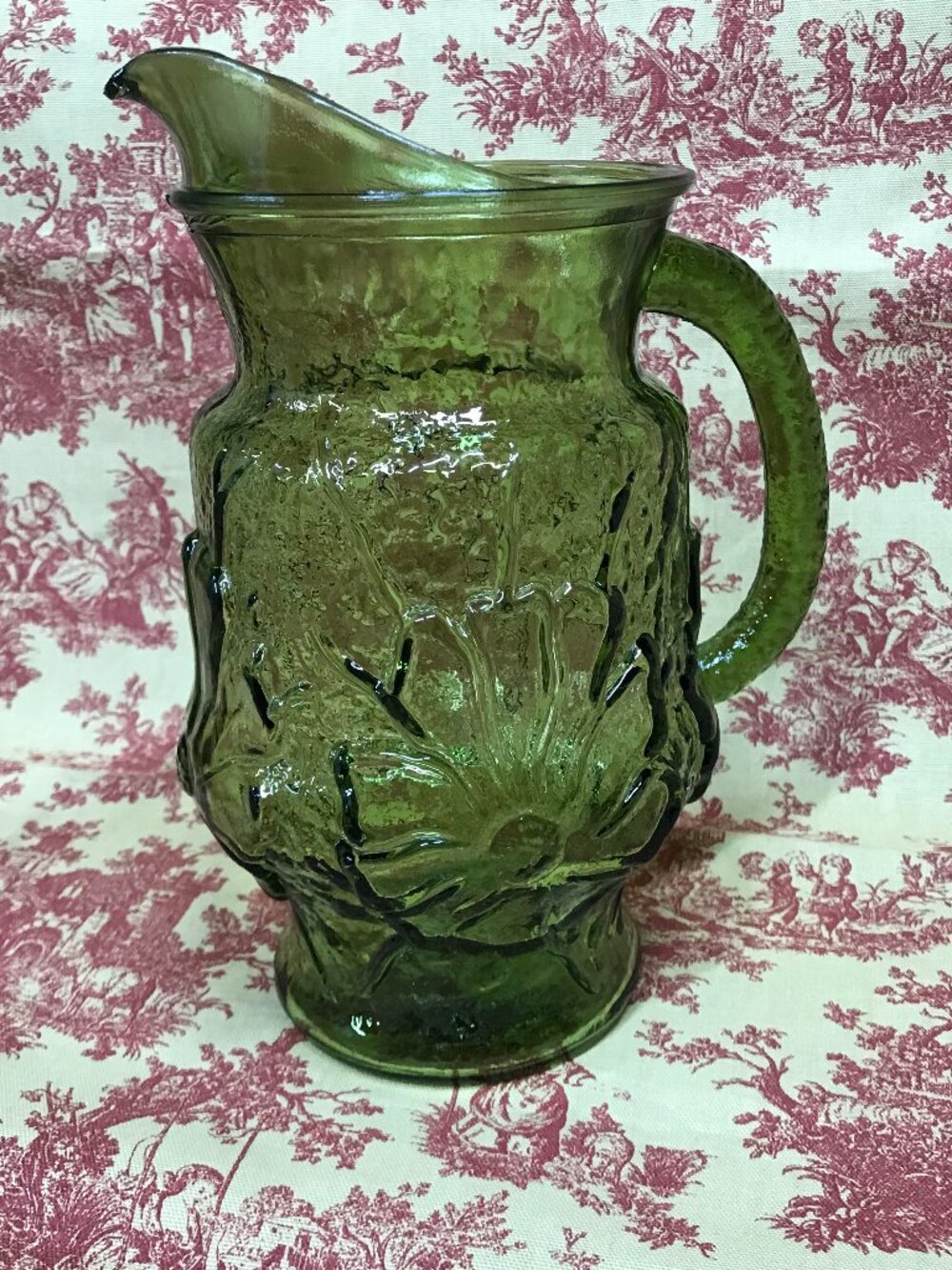 Anchor Hocking Vintage Green Rainflower Pattern Glass Pitcher